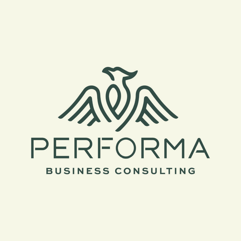 Cream contact performa logo with green text.